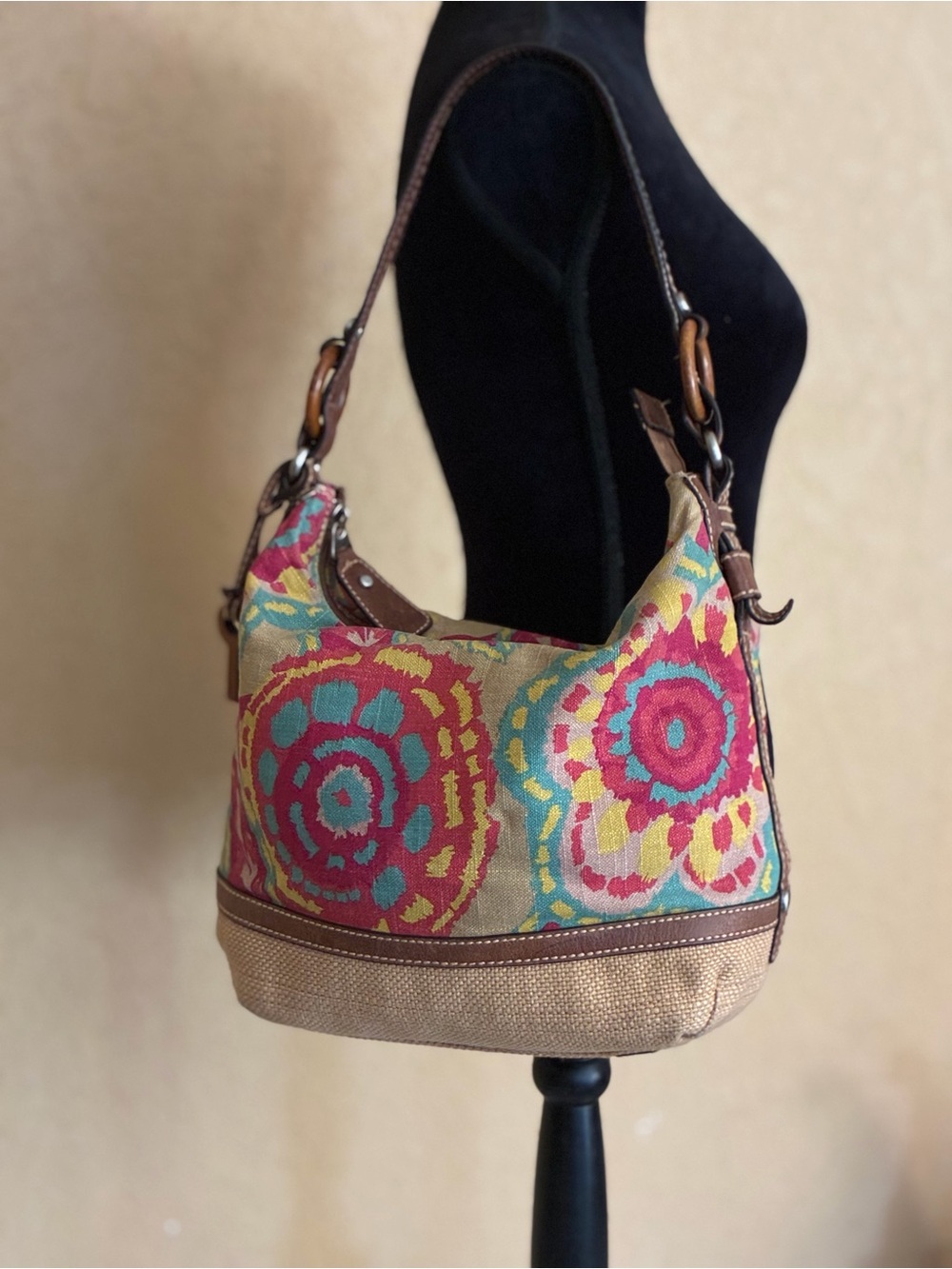 Vintage Fossil Boho Canvas Leather Shoulder Bag Floral Wood Key Charm Purse Y2K